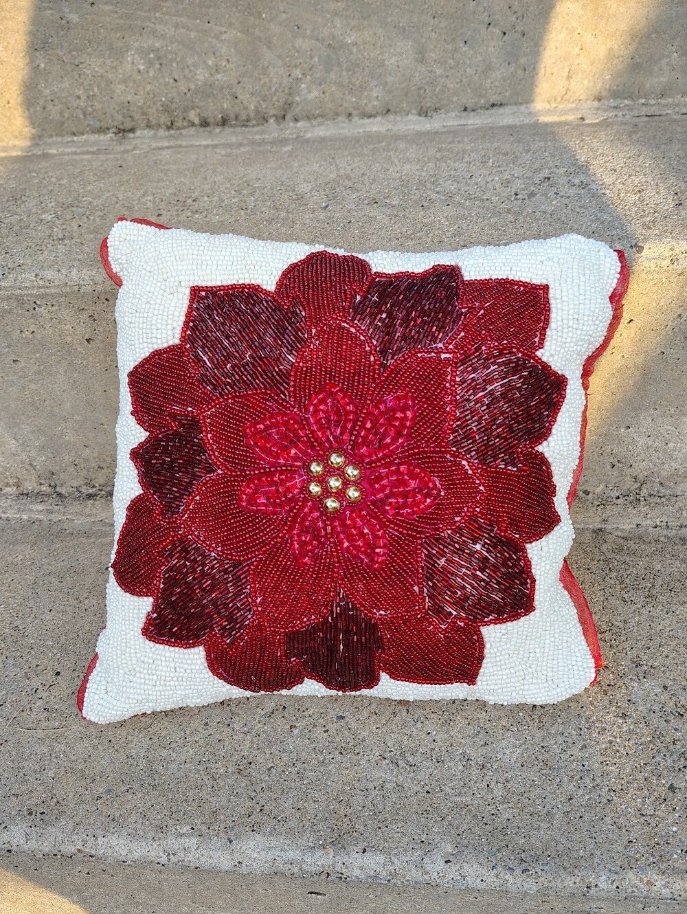 Vintage Christmas Beaded Poinsettia Throw Pillow Red White Gold Glass Seed Beads